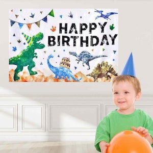 Dinosaur birthday party backdrop, green dino Happy birthday photography banner, boys birthday party decorations, 5ft x 3ft