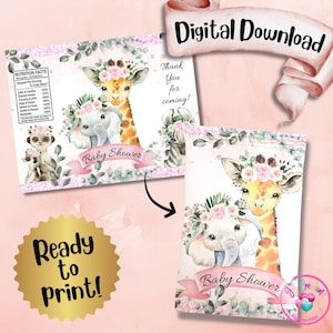Floral Safari Baby Shower Chip Bag Digital Download, Pink boho DIY party favor, instant download, Girl baby shower