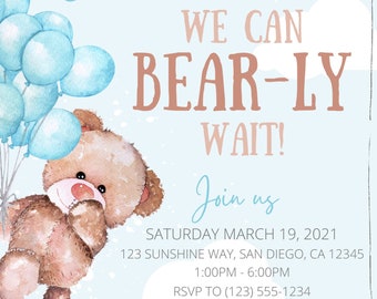 Blue Teddy Bear Digital invitation, Boy Baby Shower, Editable Digital download, Baby blue brown, We can bearly wait, oh baby, it&#39;s a boy,
