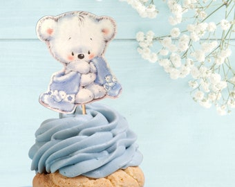 Blue Teddy Bear Cupcake Toppers, Baby Shower Boy, We can bearly wait, White teddy bear cupcake toppers