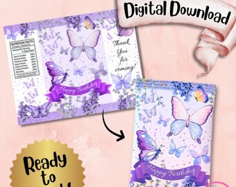 Purple Butterfly Chip Bag, Happy birthday, Digital Download, lavender party, Ready to print, Instant download, png file, personal use
