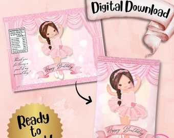 Pink Ballerina Chip Bag, brunette, Digital Download, Birthday Party, Tutu Ballet, Ready to print, Instant download, png file, personal use