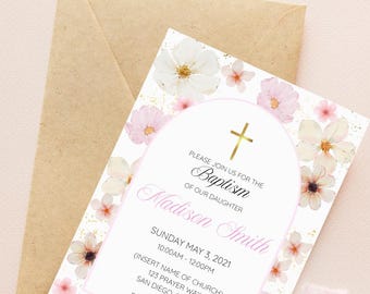 Floral Baptism Invitation template, Instant digital download, pressed flowers, pink baptism invite, editable, personalized, Spring baptism