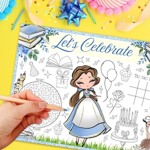 Pagina da colorare di compleanno di Belle, festa di La bella e la bestia, foglio di attività, file digitale stampabile, download immediato, festa di compleanno stampabile