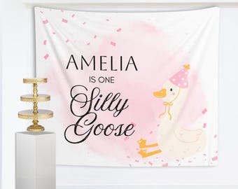One Silly Goose Backdrop, personalized birthday banner, 1st birthday silly goose, girls birthday party, one silly goose, pink goose backdrop