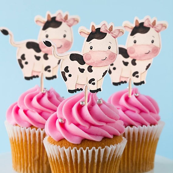 Pink Cow Cupcake Toppers, fête d'anniversaire de vache fille, grange rose,  animaux de ferme roses, décorations de cupcake vache avec nœud