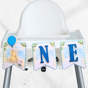 Winnie the Pooh High Chair Banner, 1st birthday, ONE flag banner, vintage pooh bear party, blue yellow first bday, boy cake smash