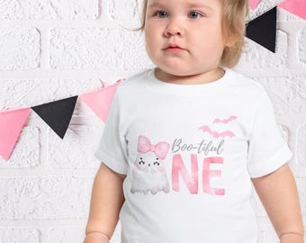 Boo-tiful One Birthday Shirt, pink ghost 1st birthday outfit, coquette Halloween, 1 year old birthday t shirt for girls, Ghost with pink bow