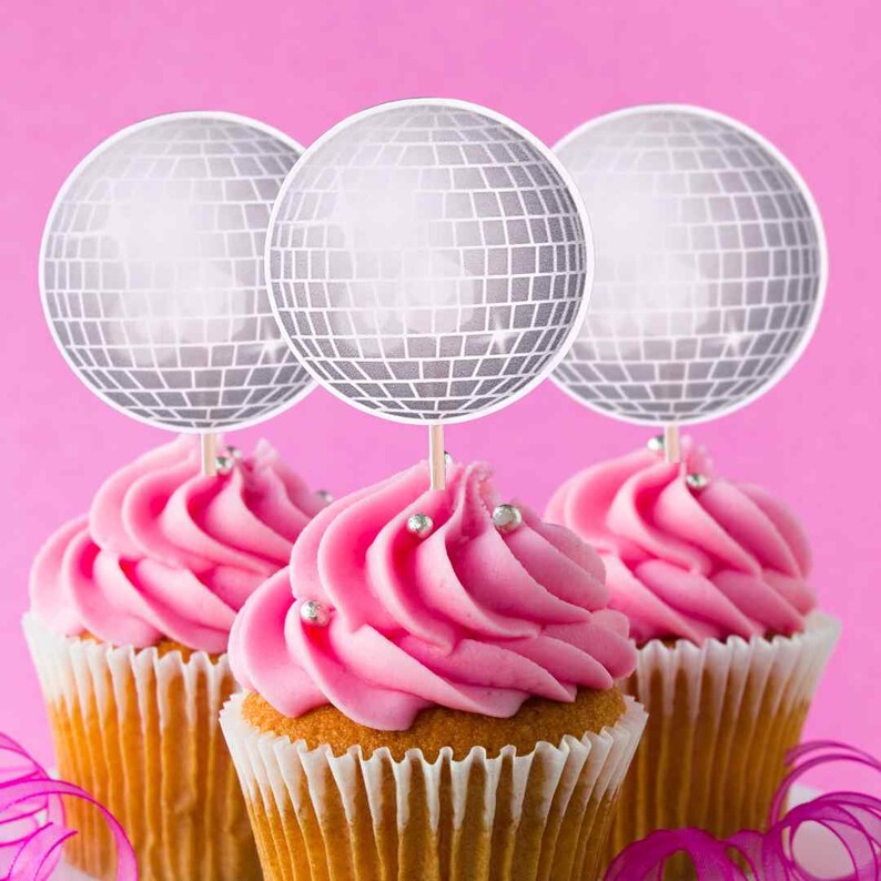 Disco Ball Cupcake Toppers Disco Birthday Party Silver Etsy