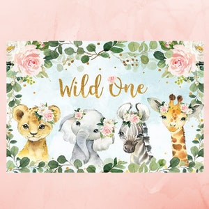 Floral Safari Wild One Backdrop 5x3 1st birthday party photography matte finish Jungle animals girls birthday party