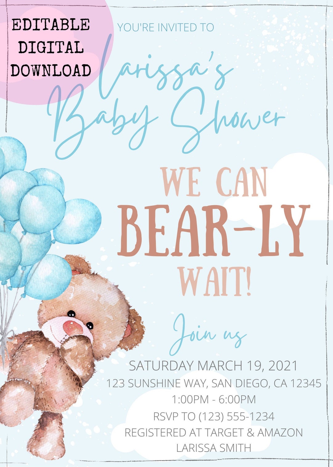 Blue Teddy Bear Digital Invitation, Boy Baby Shower, Editable Digital ...