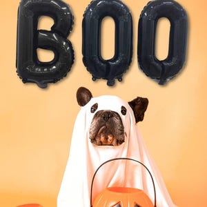 BOO balloon set, Halloween foil mylar letters, party decor, 16 inches, air helium, black, spooky foil balloons, boo-tiful birthday bash