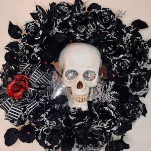Lighted Jeweled and Sparkle Red Rose Skull Black Wreath