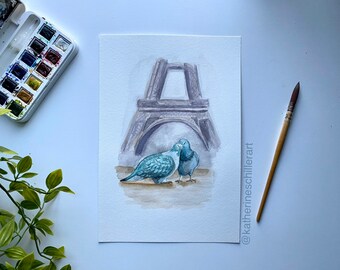 Pigeon Lovers in Paris | ORIGINAL ART, Watercolor | Eiffel Tower, birds, love, wildlife, couple, valentines, anniversary, animals