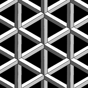 Può includere: Un motivo ripetuto di triangoli ad incastro in tonalità di grigio e bianco su sfondo nero. Il design crea un'illusione ottica di forme tridimensionali. Il motivo geometrico è un design senza soluzione di continuità.