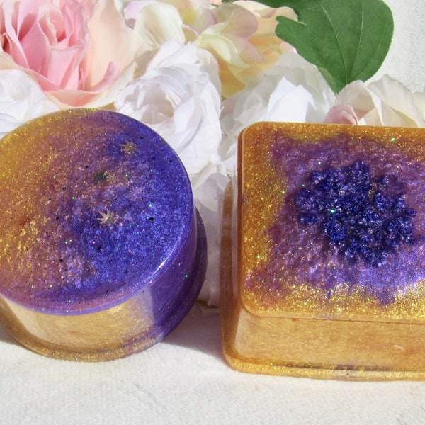 Purple and Gold Round/Square Jewelry Box, 420 Stash Box, Potleaf Glitter, Trinket Box With Lid, Handmade Resin Container