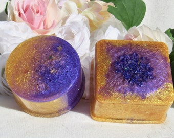 Purple and Gold Round/Square Jewelry Box, 420 Stash Box, Potleaf Glitter, Trinket Box With Lid, Handmade Resin Container