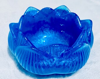 Lotus Shaped Dish, Tealight/Votive Holder, Jewelry Storage, Bathroom Sink Ring Bowl, Bedroom Nightstand Decor- Blue and Purple Glitter