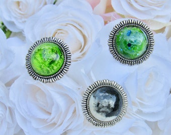Mother's Day Gift, Vintage Unique Handmade Rings for Women, Green Adjustable Resin Rings, Black and White Jewelry