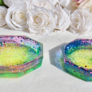 Rainbow Glitter Resin Trinket Dish: Handmade Octagon Jewelry Tray