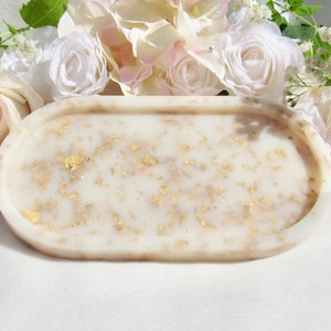 Luxury Ivory and Gold Tray, Custom 14th Anniversary Gift, Handmade Resin Candle Holder with Real Gold Flakes, Jewelry Tray, Rolling Tray