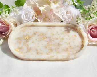 Luxury Ivory and Gold Tray, Custom 14th Anniversary Gift, Handmade Resin Candle Holder with Real Gold Flakes, Jewelry Tray, Rolling Tray