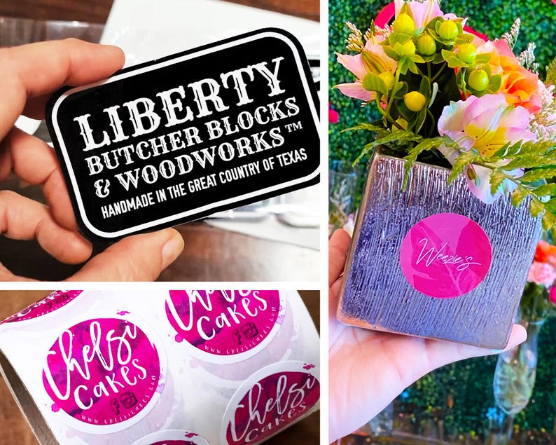 Op de afbeelding: Een verzameling productlabels en stickers. E&eacute;n label is zwart met witte tekst met de tekst "LIBERTY BUTCHER BLOCKS & WOODWORKS TM HANDMADE IN THE GREAT COUNTRY OF TEXAS." Andere stickers zijn roze en wit met de tekst "Chelsy Cakes" en "Weezie's".