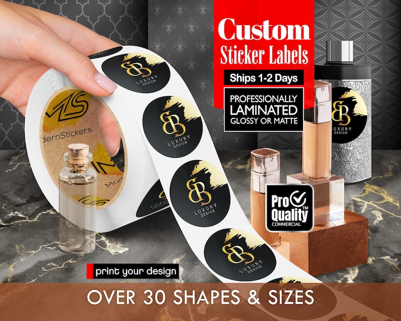 Custom sticker labels displayed on a roll held by hand beside luxury cosmetic bottles and packaging on a dark marble surface, highlighting round logo stickers with professionally laminated glossy or matte finish and custom size and shape options.