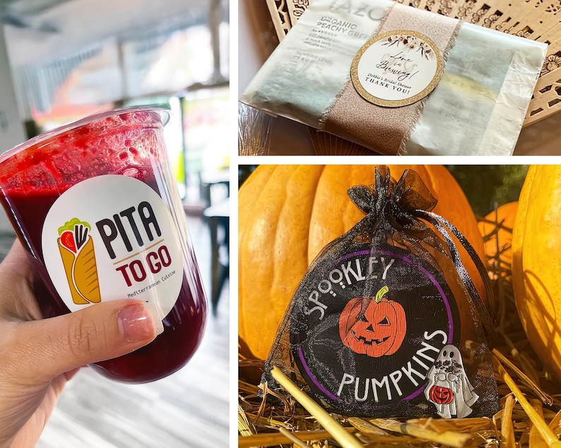 Op de afbeelding: Een doorzichtige plastic beker gevuld met een rode drank, met een wit etiket met de tekst "Pita To Go". Een theepakket met een decoratief etiket en een zwarte mesh tas met een "Spookley Pumpkins" patch zijn ook afgebeeld.