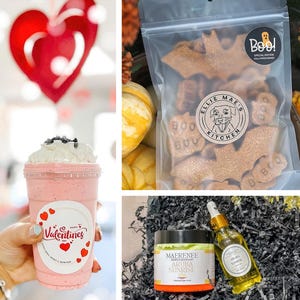 Op de afbeelding: Een roze Valentijnsdag smoothie met slagroom en chocoladesnippers, in een doorzichtige plastic beker met een sticker "Happy Valentines Day". De afbeelding toont ook een zakje hondenkoekjes in de vorm van vleermuizen en huidverzorgingsproducten.