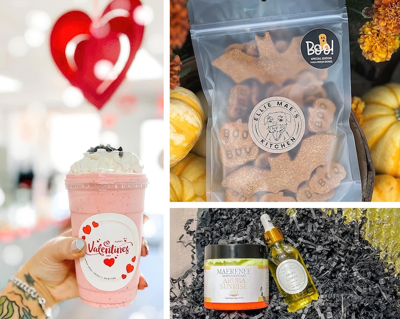 Op de afbeelding: Een roze Valentijnsdag smoothie met slagroom en chocoladesnippers, in een doorzichtige plastic beker met een sticker "Happy Valentines Day". De afbeelding toont ook een zakje hondenkoekjes in de vorm van vleermuizen en huidverzorgingsproducten.