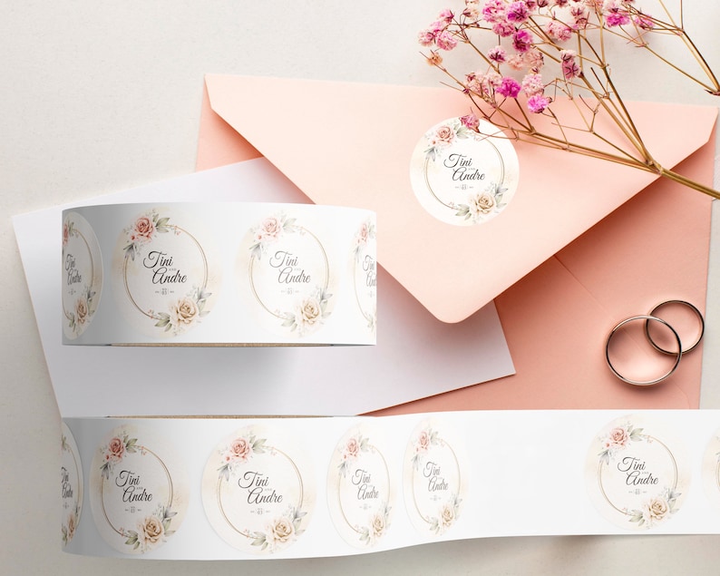 Custom sticker labels displayed on a roll beside a blush envelope, floral accents, and wedding rings on a neutral surface, showing round stickers used for stationery sealing and event packaging.