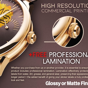 Informational graphic highlighting high resolution printing plus free professional lamination for custom sticker labels, featuring bold text reading “Glossy or Matte Finish” on a dark background with decorative product