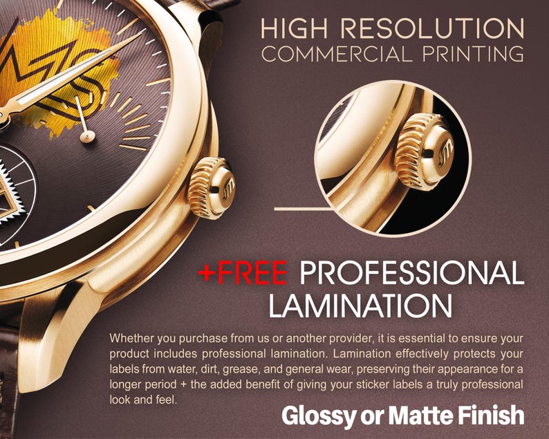 Informational graphic highlighting high resolution printing plus free professional lamination for custom sticker labels, featuring bold text reading “Glossy or Matte Finish” on a dark background with decorative product