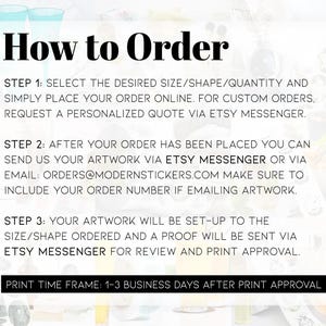 Informational graphic titled “How to Order” outlining the custom sticker ordering process with step-by-step instructions and ordering details displayed on a light background.