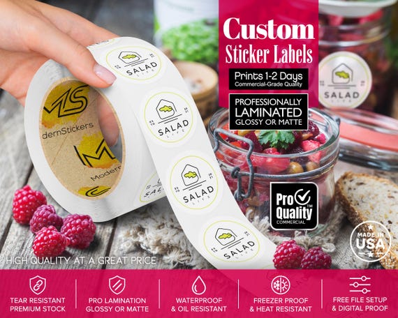 Custom Labels Stickers On A Roll: We Print Your Design | Glossy Or Matte Waterproof Lamination | Free Print Proof | Prints 1-2 Days