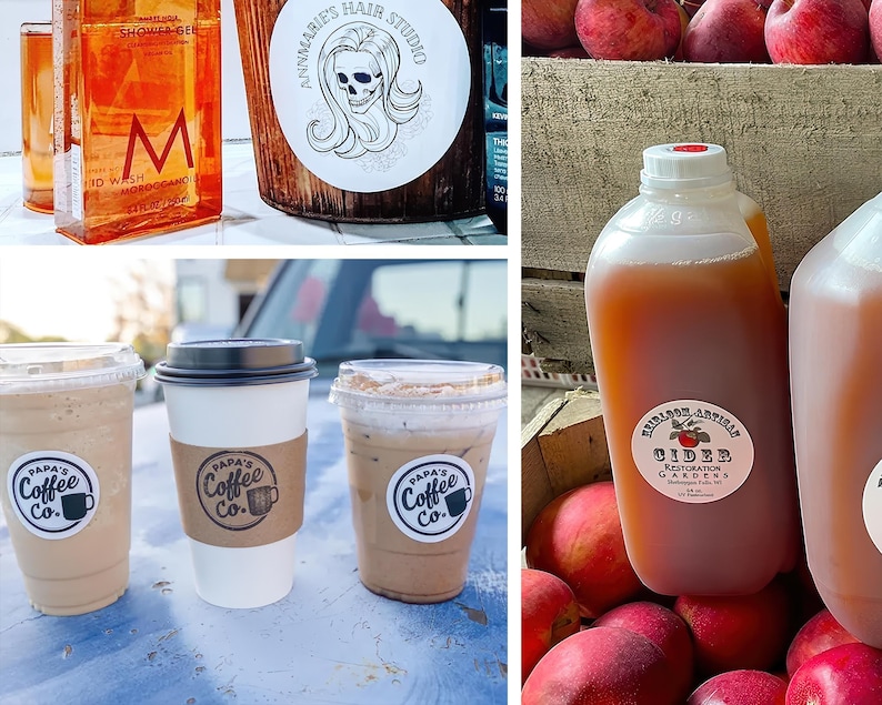 Op de afbeelding: Een assortiment producten, waaronder douchegel, koffie en cider. De douchegel zit in een doorzichtige fles met oranje vloeistof. Koffiebekers hebben het "Papa's Coffee Co." logo. Ciderflessen staan naast rode appels.