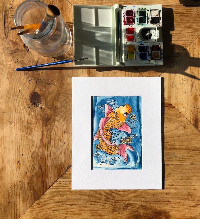 Image size is 5 x 7 mounted in 8 x 10 mat board. Water colour koi carp painting on 140lb watercolour paper not a print