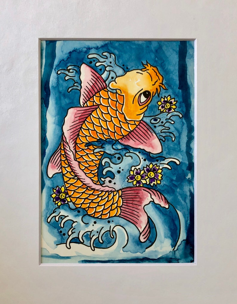 Image size is 5 x 7 mounted in 8 x 10 mat board. Water colour koi carp painting on 140lb watercolour paper not a print