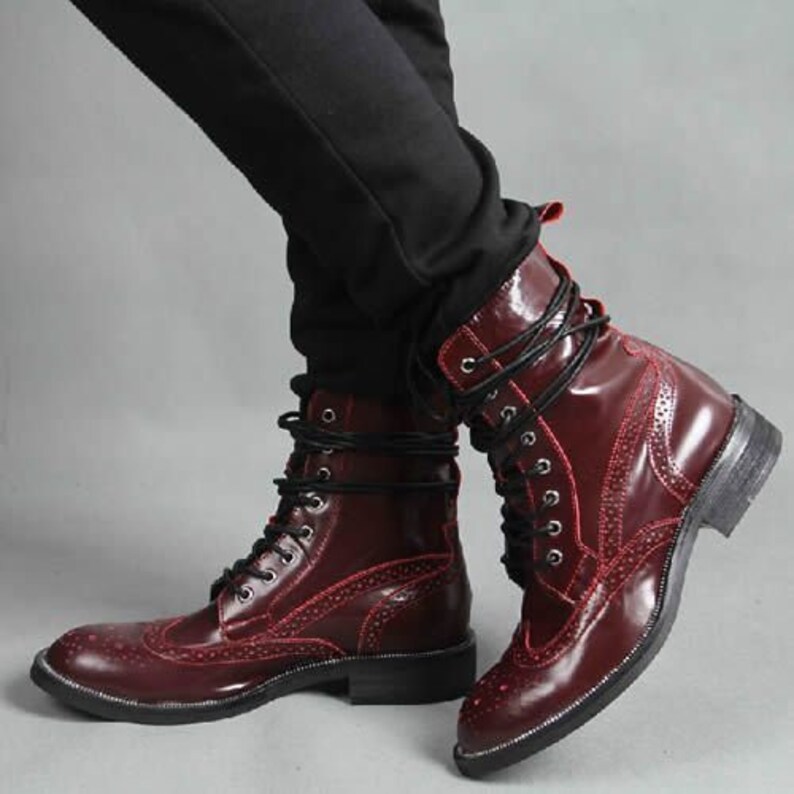 Handmade Burgundy Men/'s Patent Leather Burgundy Colour Marching Boots