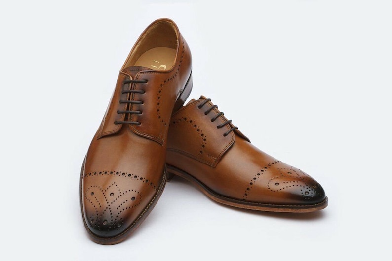 Mens Bespoke Handmade Genuine Brown Leather Oxford Brogue Toe Cap Derby Shoes