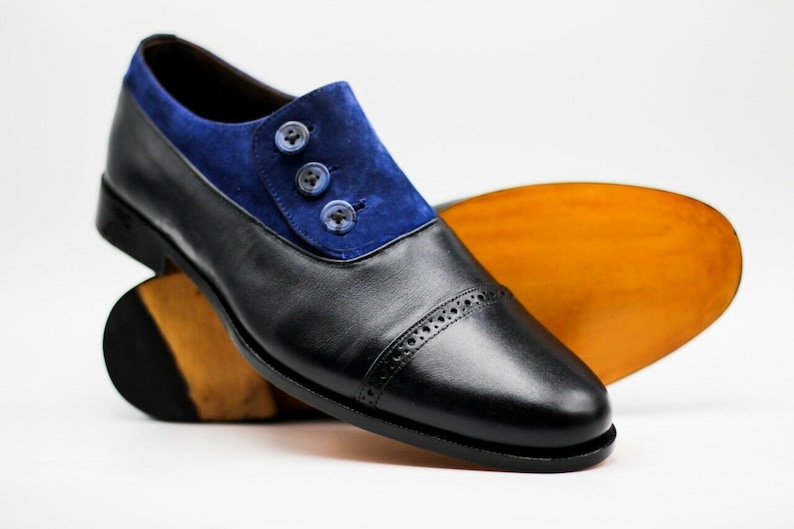 Steampunk Boots and Shoes for Men     Mens Handmade Genuine Black Leather & Blue Suede Oxford Buttons Toe Cap Shoes $169.99 AT vintagedancer.com