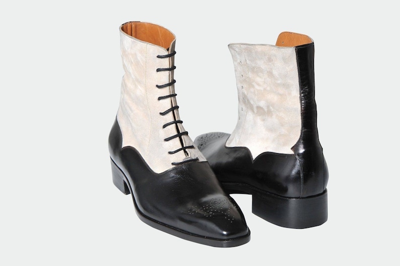 Buy Edwardian Men’s Shoes & Boots | 1900, 1910s Handmade Mens Two Tone Ankle Dress Boots Suede Leather Shoes $189.99 AT vintagedancer.com