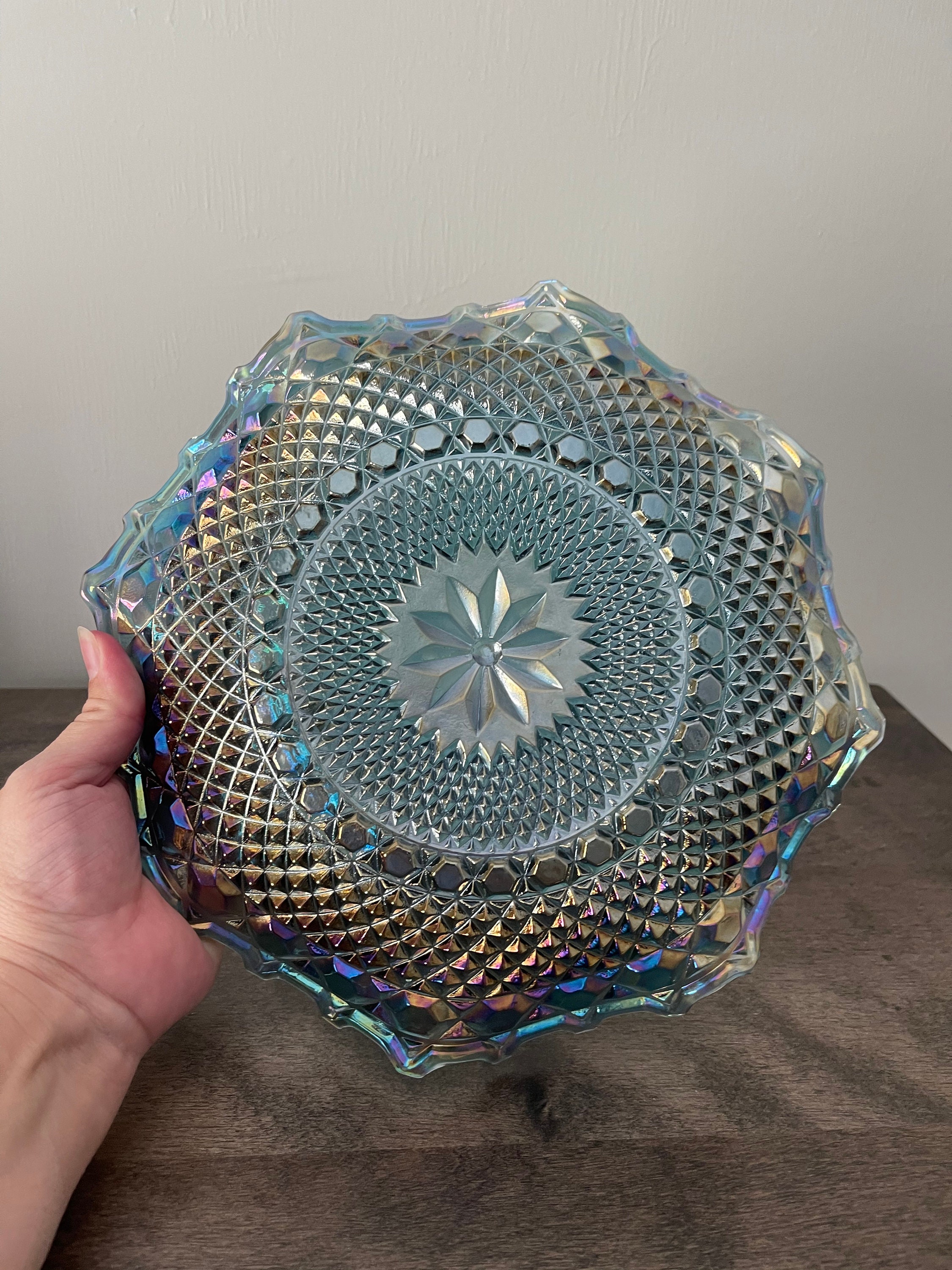 Blue Indiana Carnival Glass Ruffled Edge Bowl Starbust ...