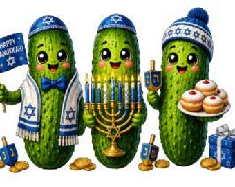 May include: Three green anthropomorphic pickles celebrating Hanukkah. The left pickle wears a blue kippah, a blue bow tie, and a tallit, holding a flag that reads HAPPY HANUKKAH. The center pickle holds a gold menorah. The right pickle wears a blue knit hat and holds a plate of jelly donuts.