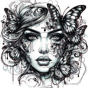 Visages de papillon, Respirez, Respirez juste, Conception de tatouage JPG, sublimation, png thumbnail