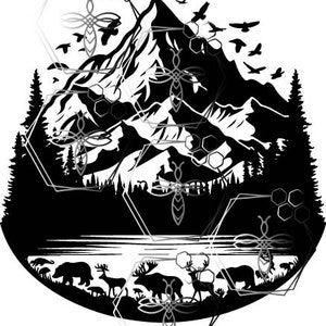 May include: Black and white illustration of a mountain landscape with a lake, trees, and animals. The image is surrounded by a honeycomb pattern.
