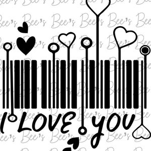 May include: Black and white barcode design with the words "I LOVE YOU" below. The barcode is topped with a series of hearts and stems.