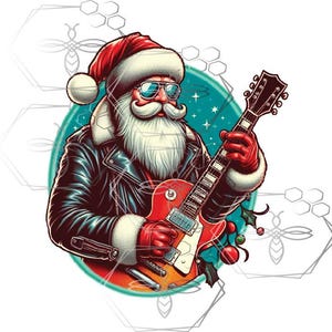 Puede incluir: Una ilustración de dibujos animados de Papá Noel con una chaqueta de cuero y gafas de sol, tocando una guitarra eléctrica roja. Tiene una barba blanca y un gorro de Papá Noel rojo. El fondo es un círculo azul con estrellas blancas.