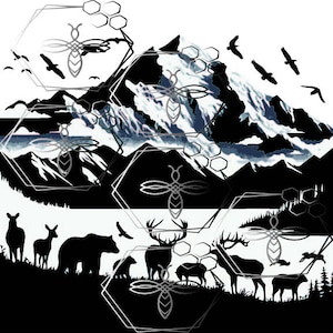 Pode incluir: Um design gráfico em preto e branco com silhuetas de montanhas, vida selvagem e abelhas estilizadas dentro de molduras em forma de favo de mel. Pássaros voando pelo céu. O design tem um tema de natureza.